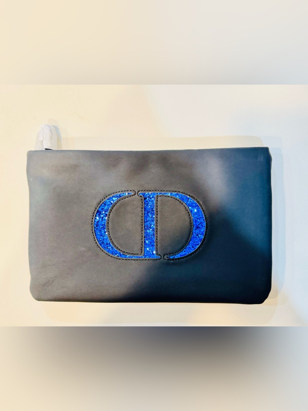 Dior Black Leather Clutch with Blue Glitter CD Emblem and original box_NWT